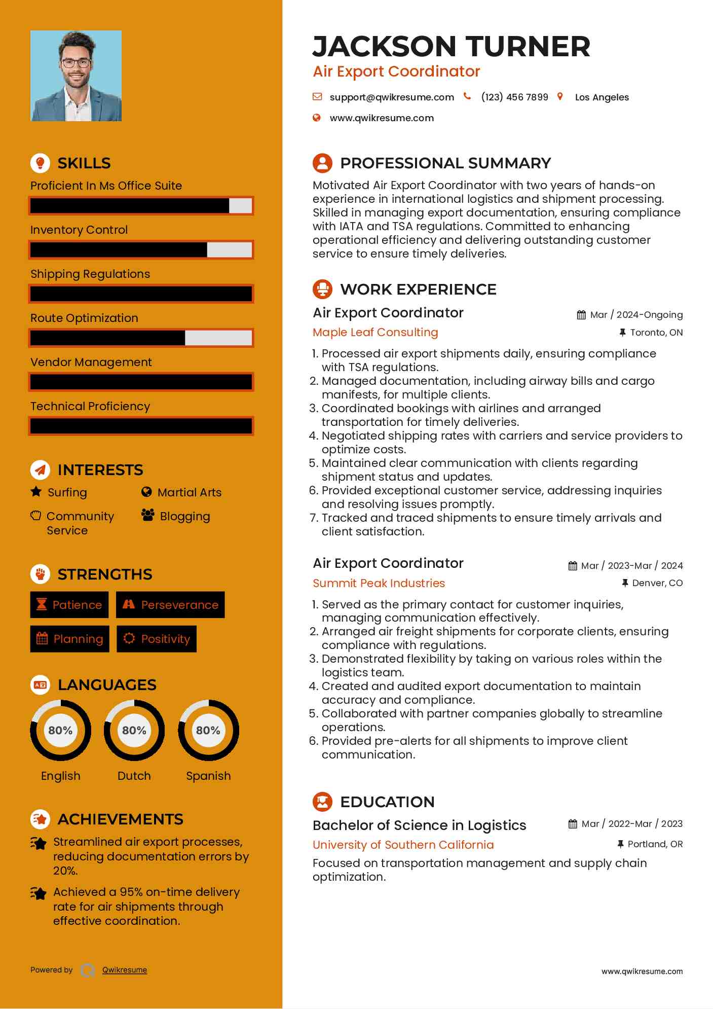 Air Export Coordinator Resume Sample