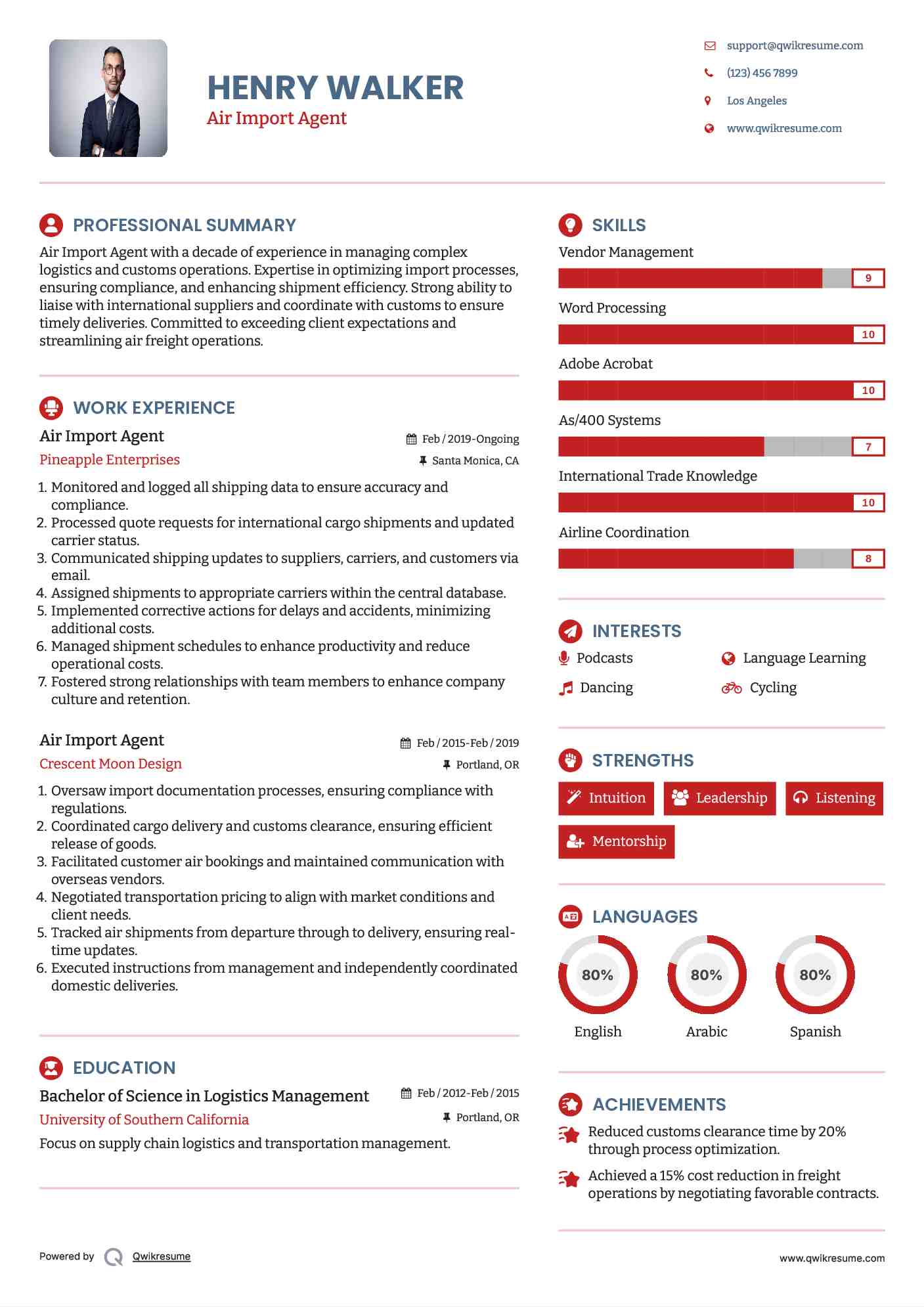 Air Import Agent Resume Template