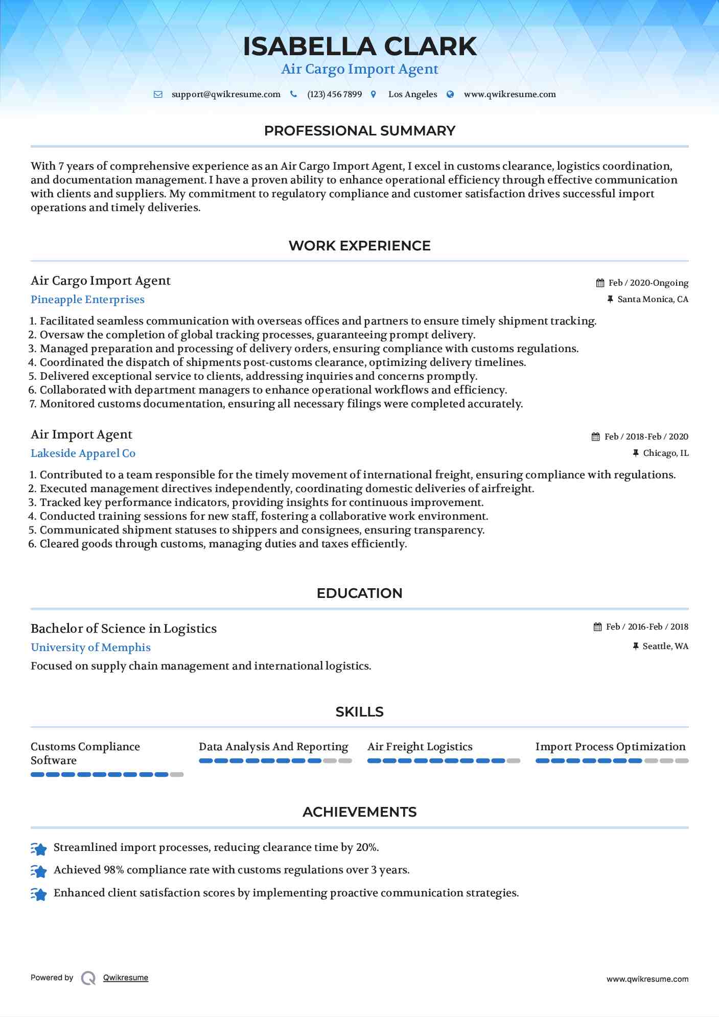 Air Cargo Import Agent Resume Sample