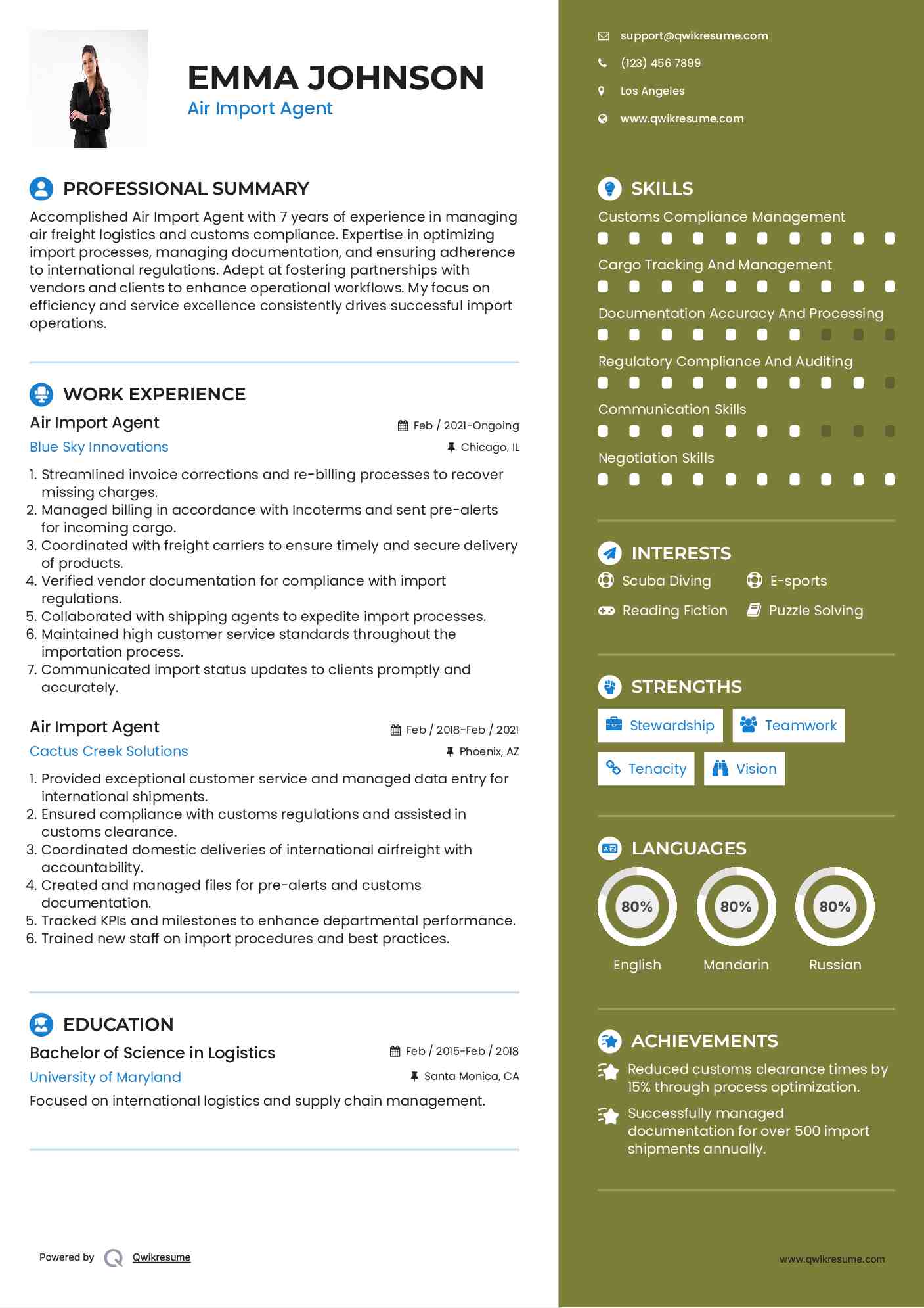 Air Import Agent Resume Model