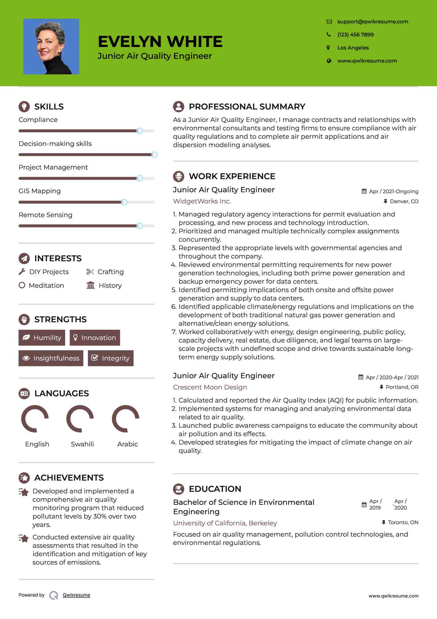 Junior Air Quality Engineer Resume Sample