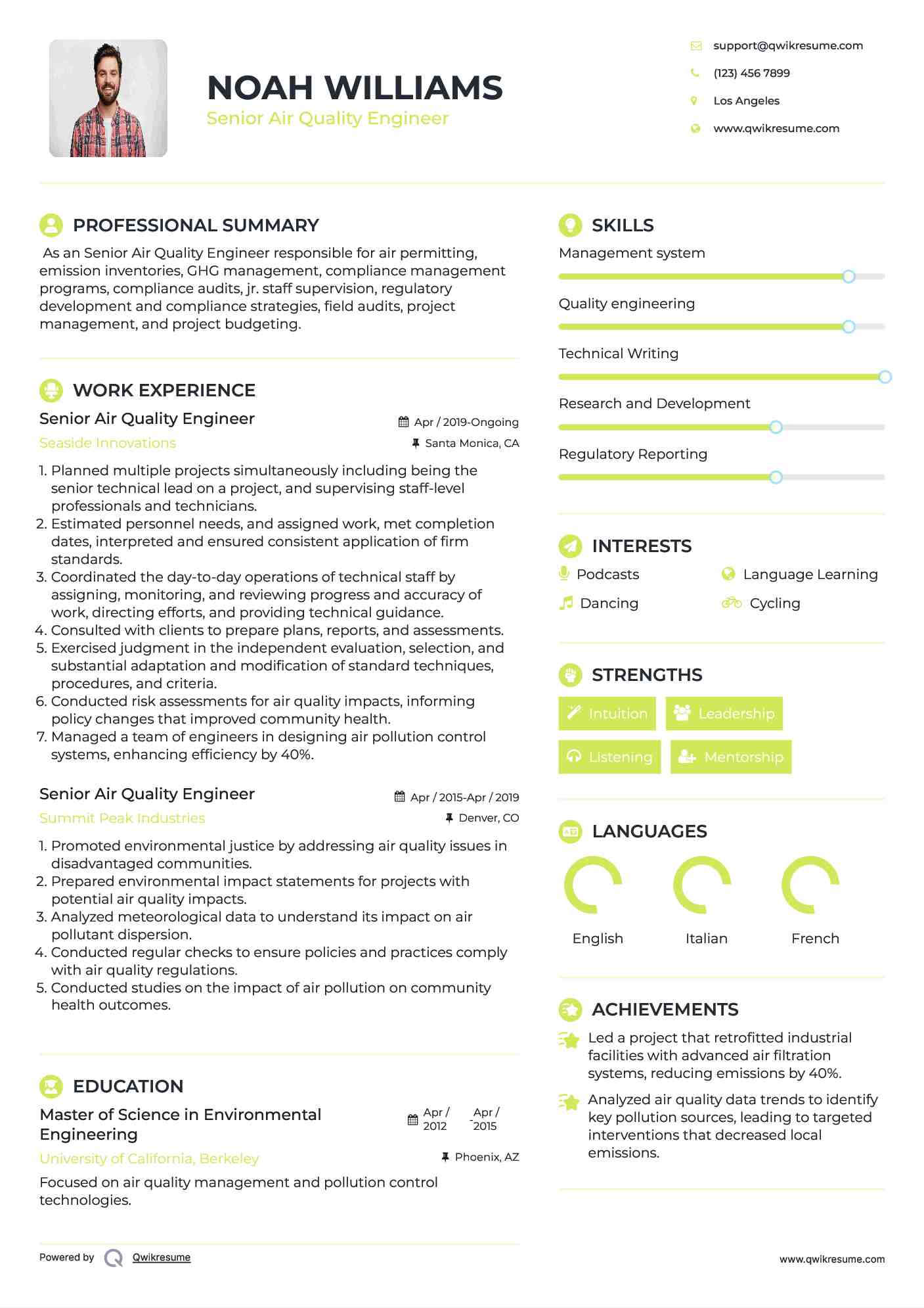 Senior Air Quality Engineer Resume Sample