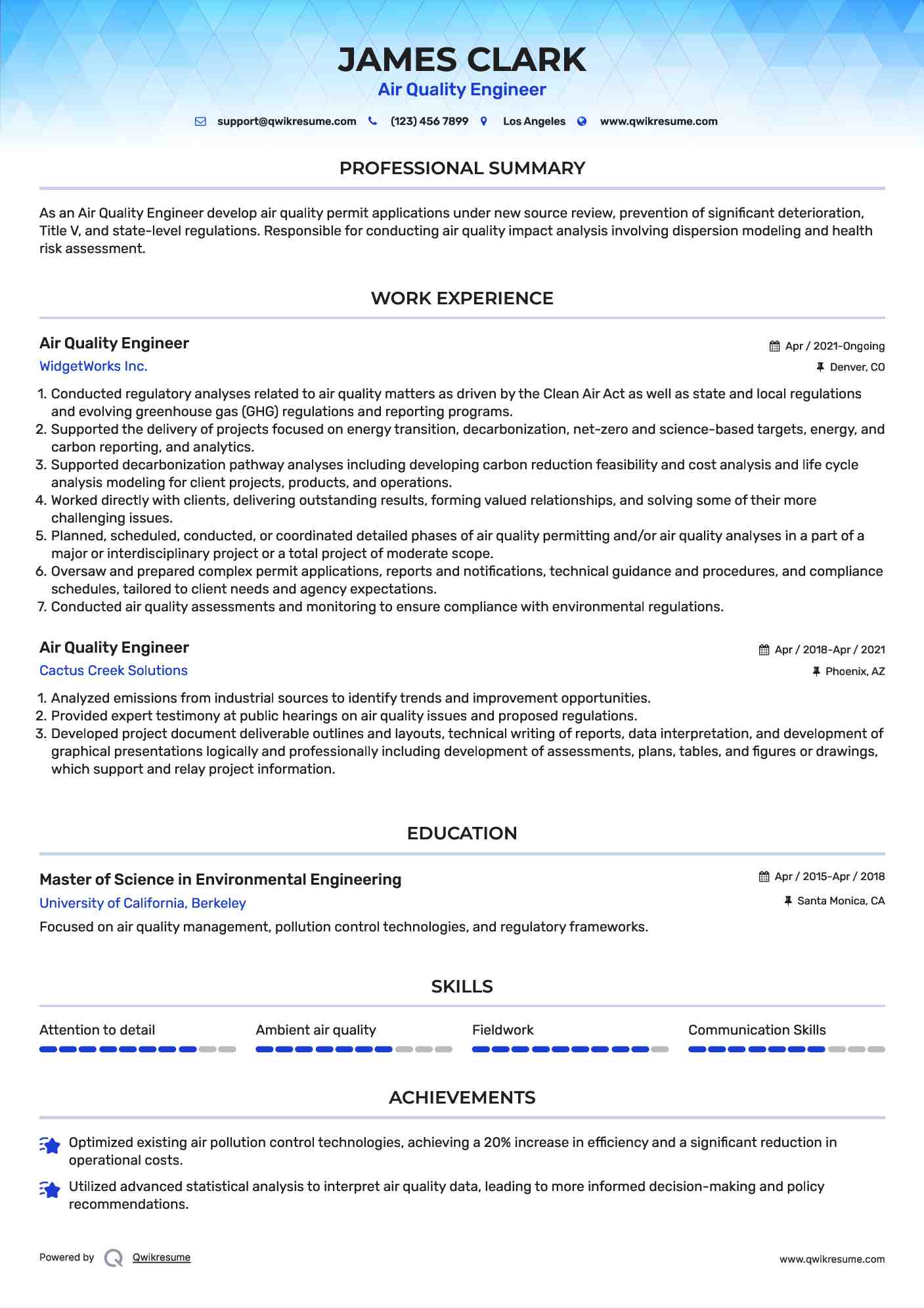 Air Quality Engineer Resume Model