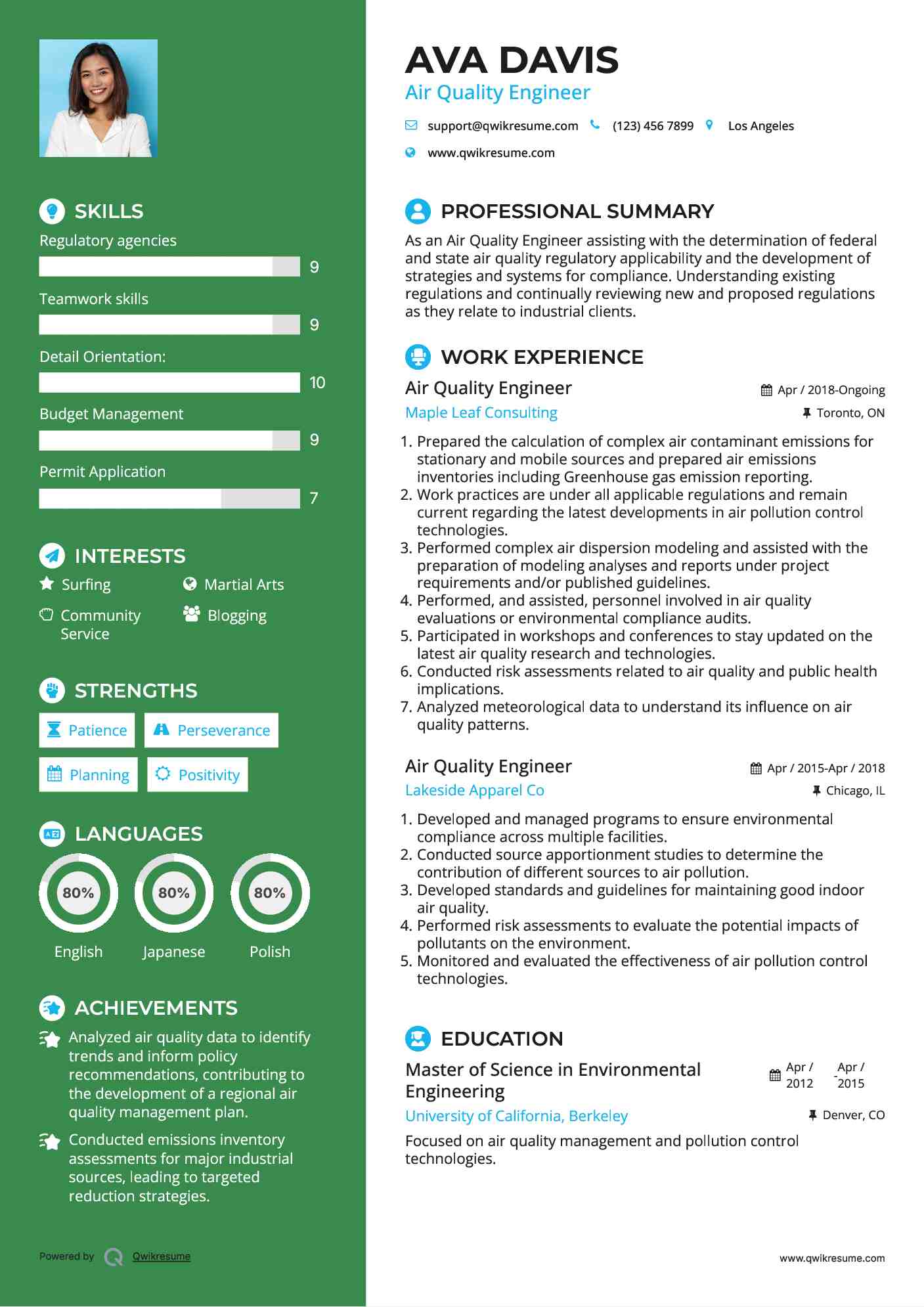Air Quality Engineer Resume Sample