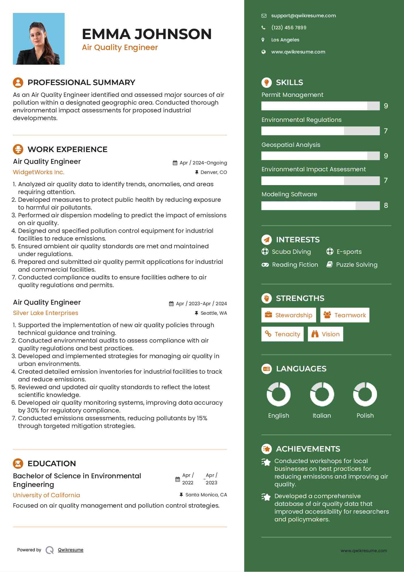 Air Quality Engineer Resume Sample