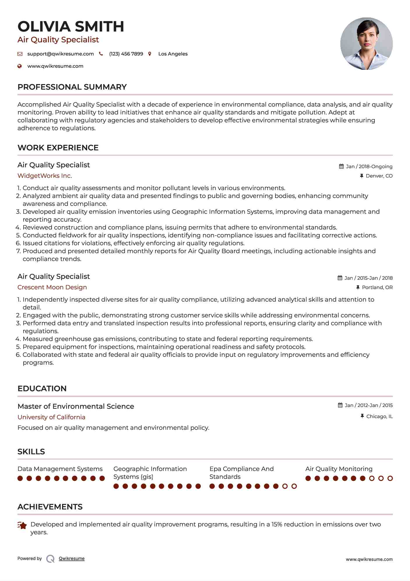 Air Quality Specialist Resume Example