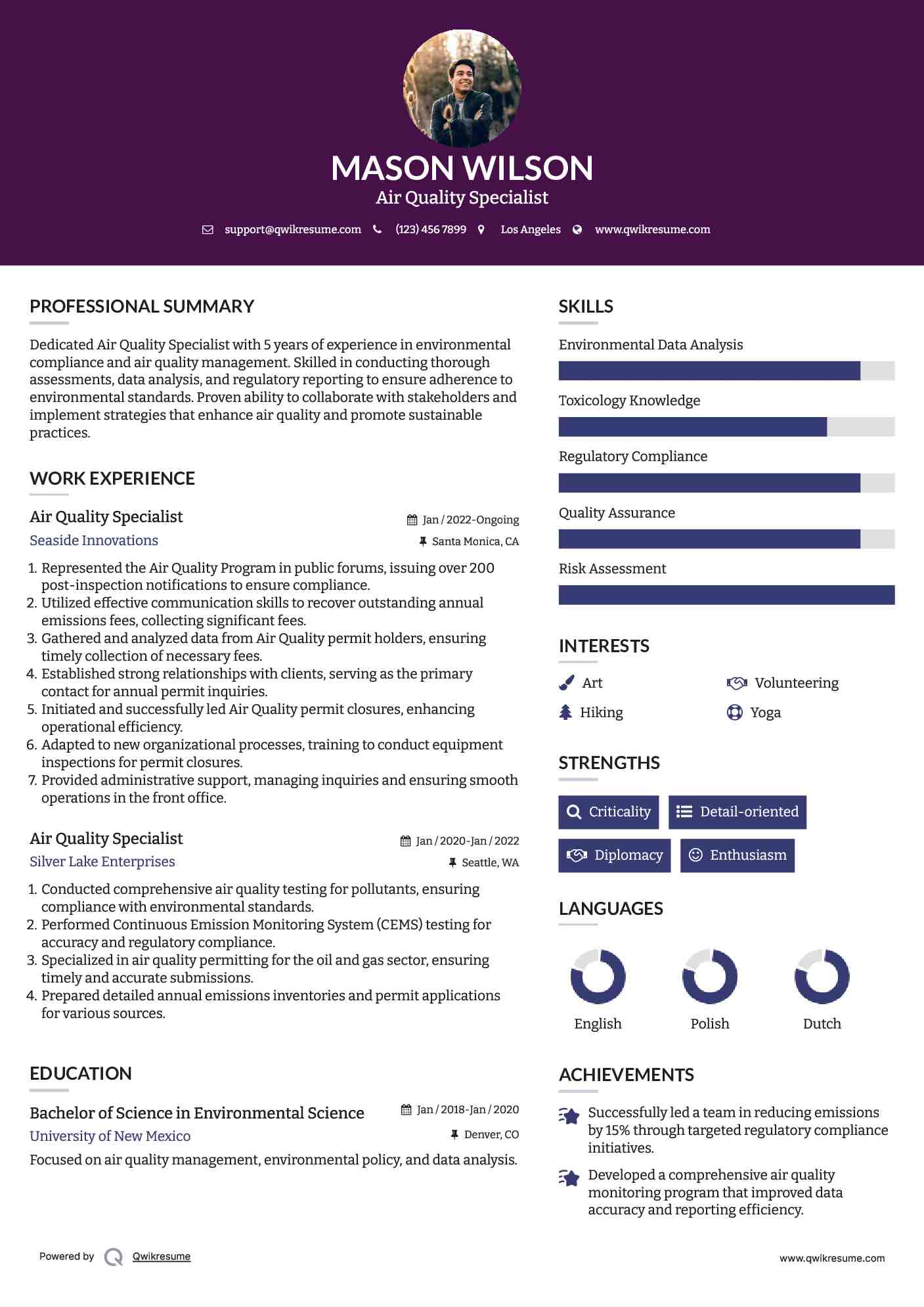 Air Quality Specialist Resume Samples QwikResume