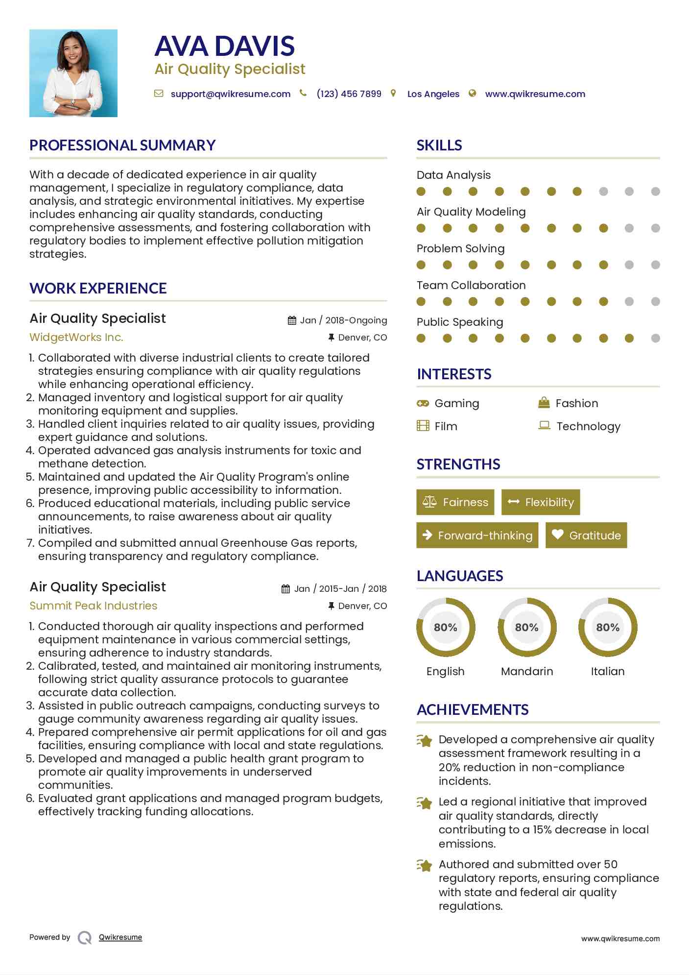 Air Quality Specialist Resume Samples QwikResume