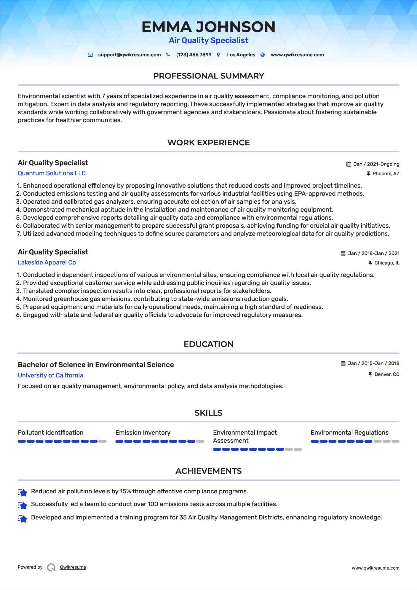 Air Quality Specialist Resume Samples QwikResume