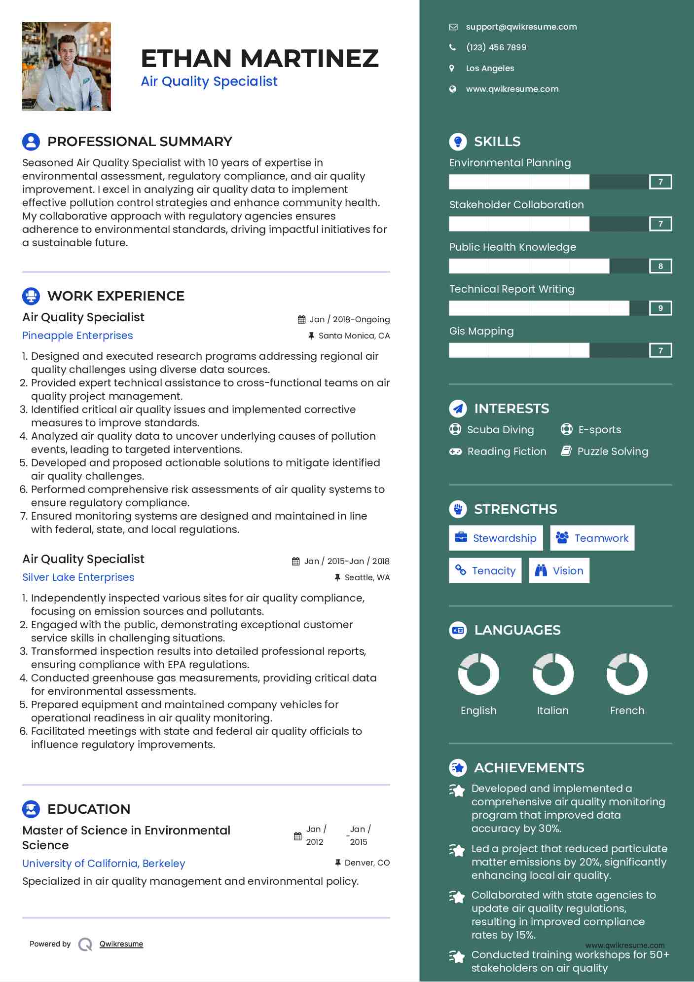 Air Quality Specialist Resume Samples QwikResume