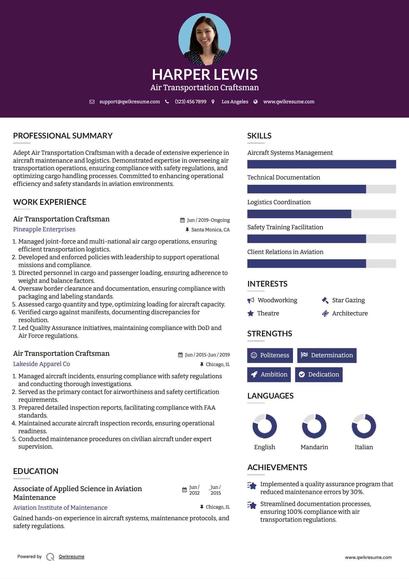 Air Transportation Craftsman Resume Sample