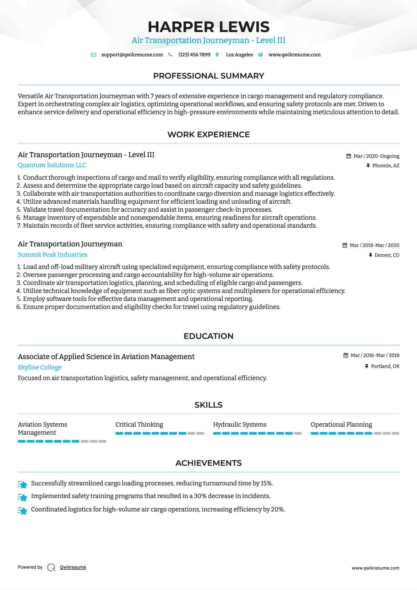 Air Transportation Journeyman - Level III Resume Template