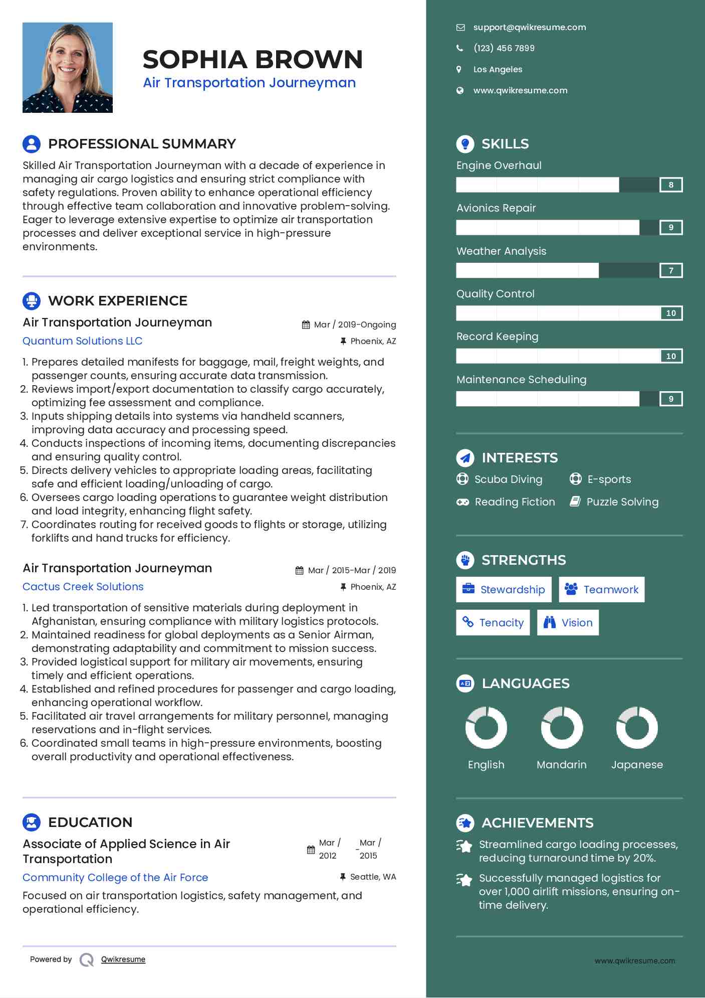 Air Transportation Journeyman Resume Sample