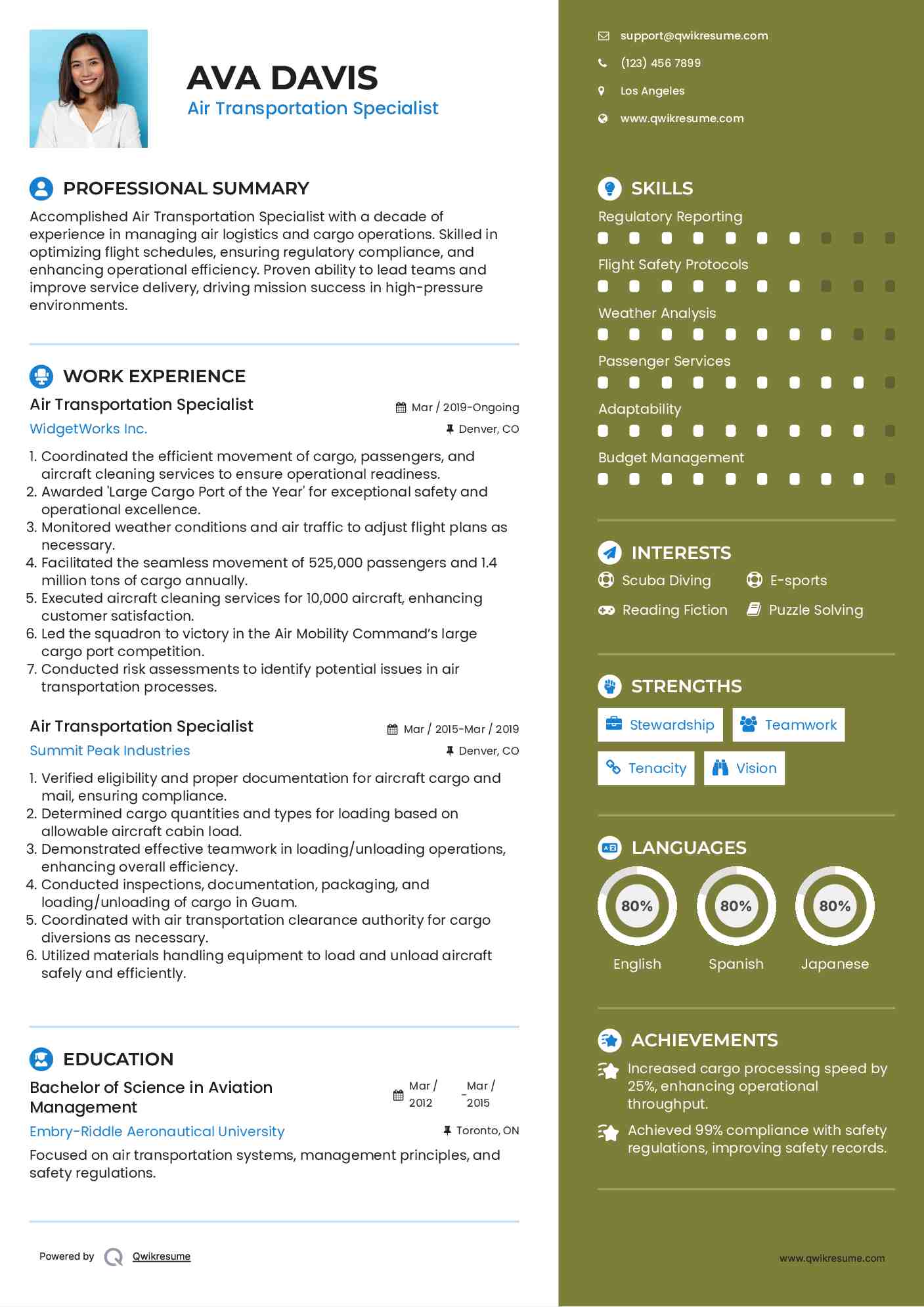 Air Transportation Specialist Resume Example