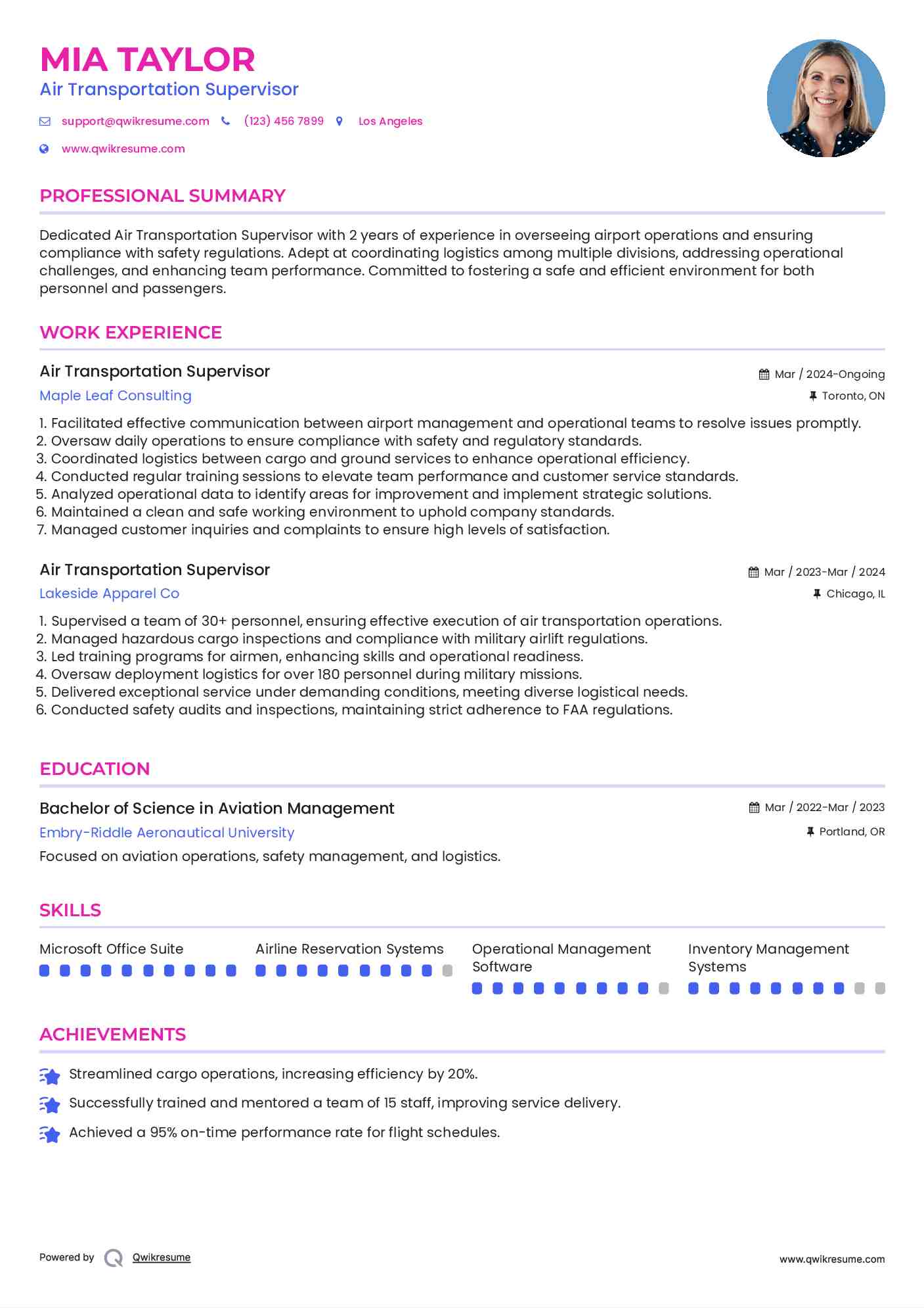 Air Transportation Supervisor Resume Example