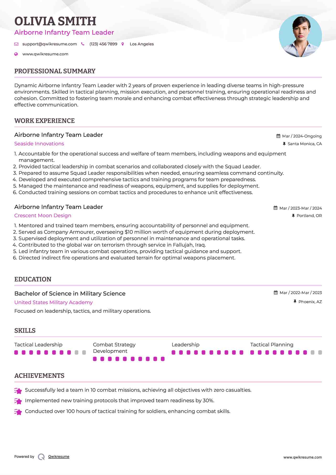 Airborne Infantry Team Leader Resume Sample