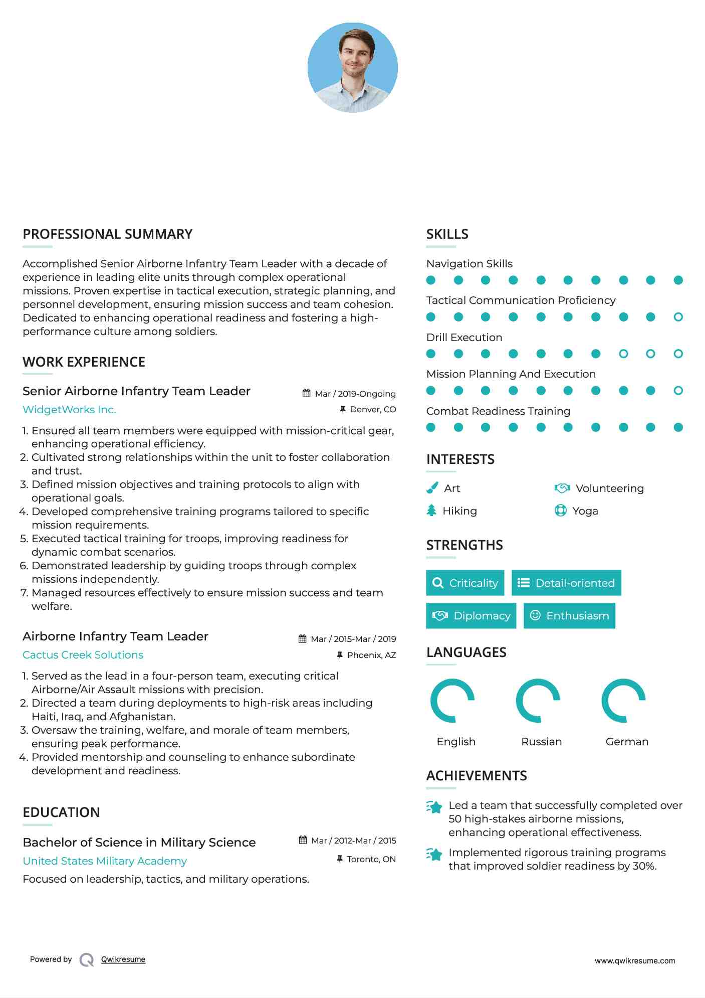 Senior Airborne Infantry Team Leader Resume Template