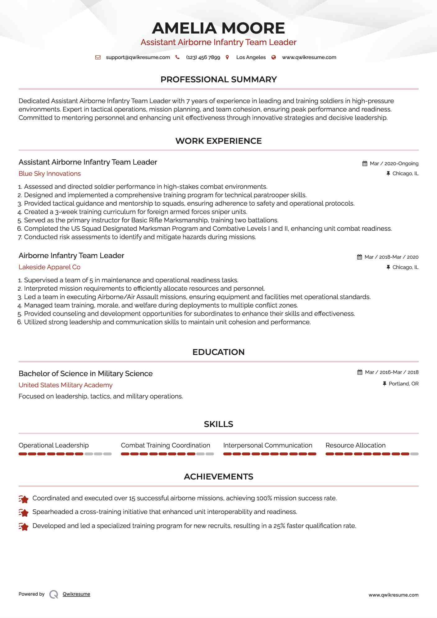 Assistant Airborne Infantry Team Leader Resume Template