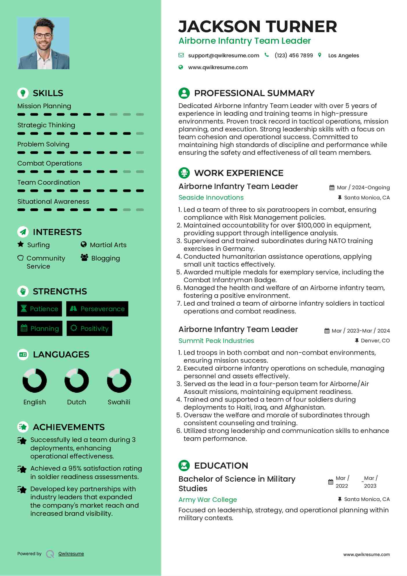 Airborne Infantry Team Leader Resume Template