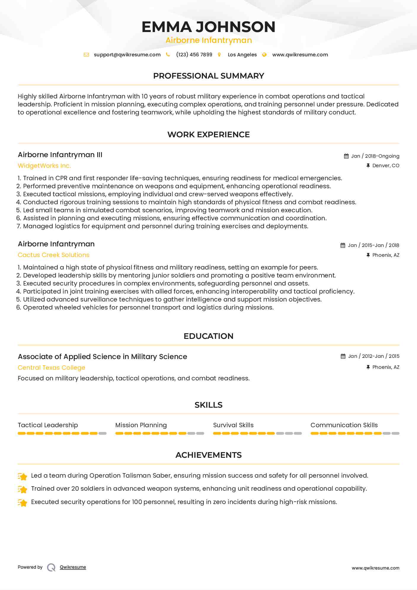 Airborne Infantryman III Resume Format