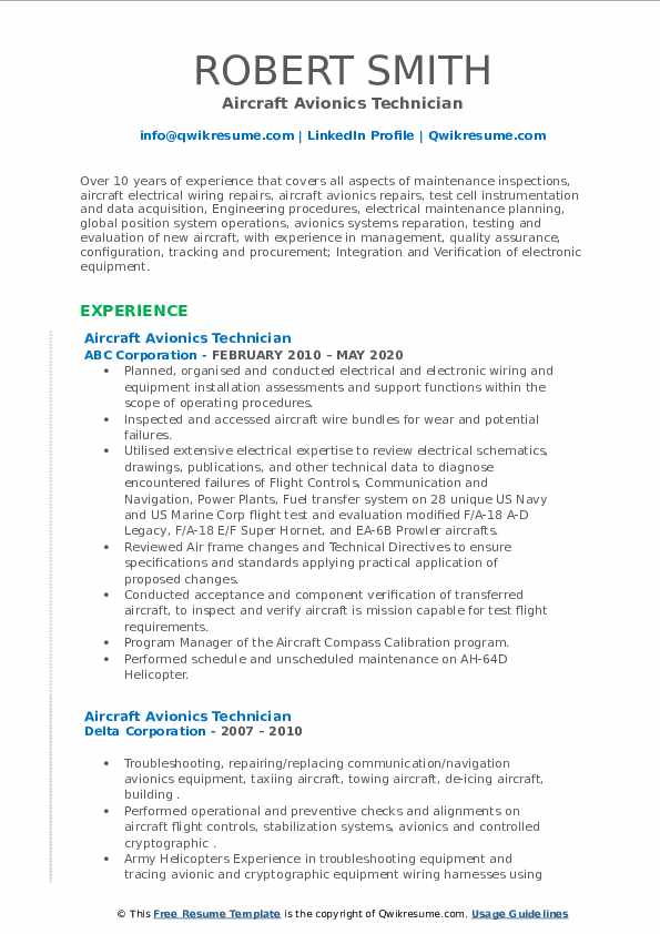 Aircraft Avionics Technician Resume Samples QwikResume