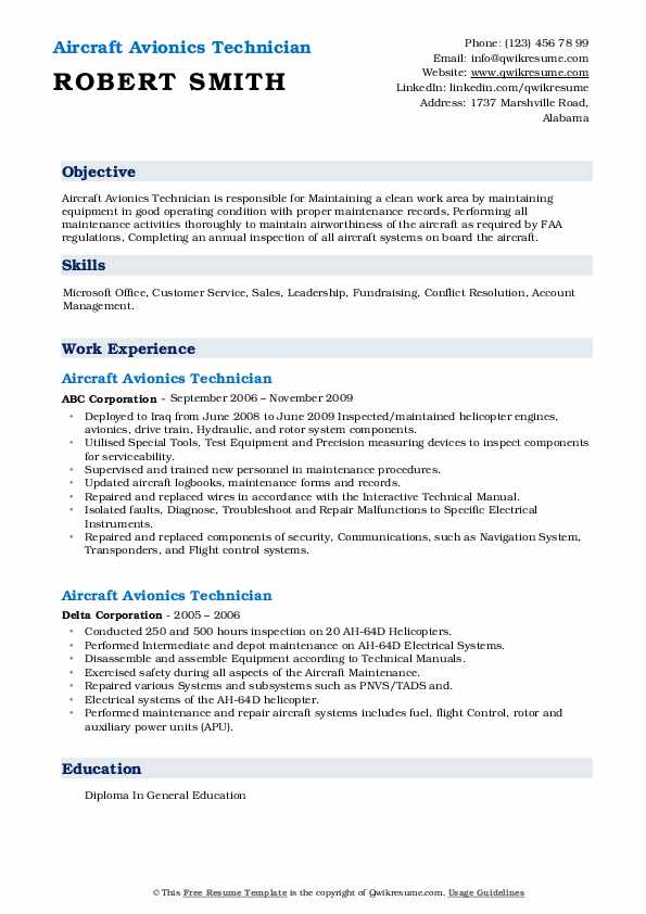 Aircraft Avionics Technician Resume Samples QwikResume