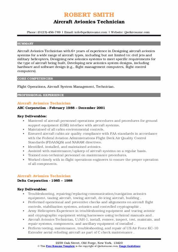 Aircraft Avionics Technician Resume Samples QwikResume