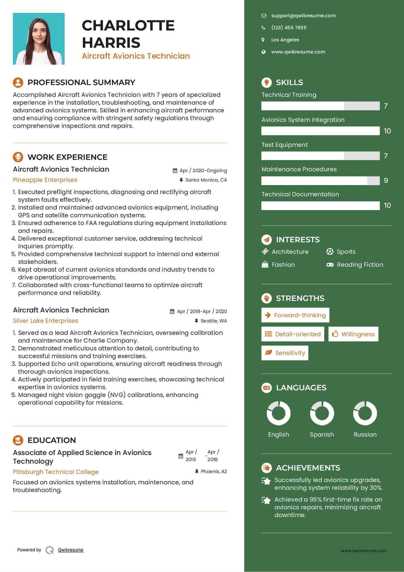 Aircraft Avionics Technician Resume Example