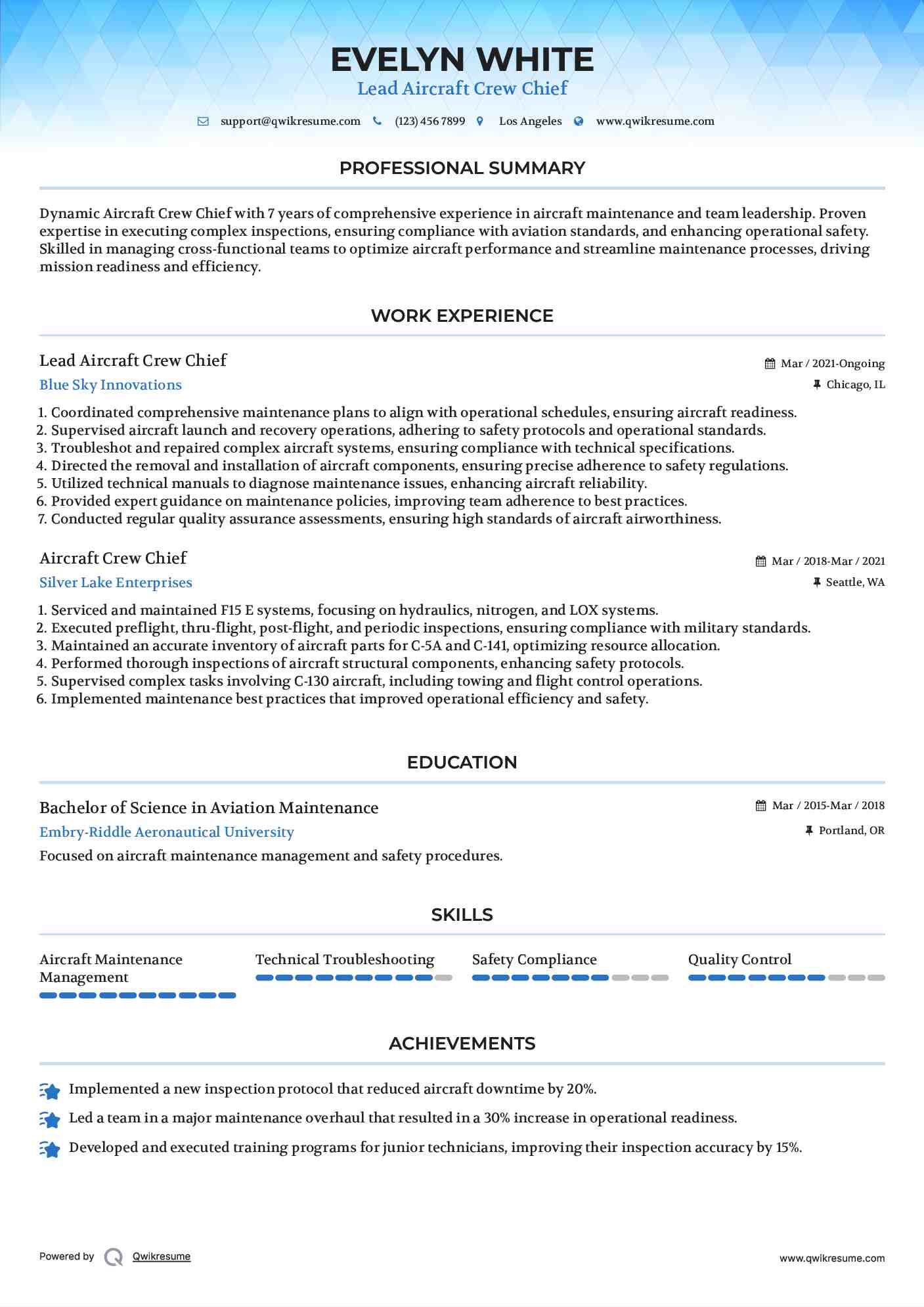Lead Aircraft Crew Chief  Resume Format