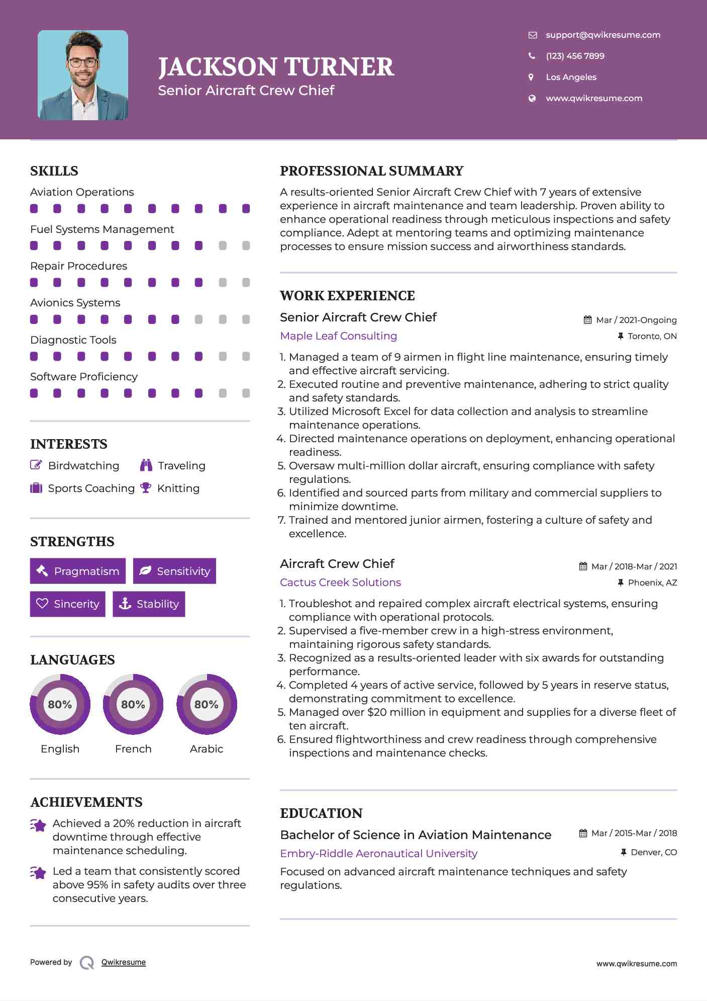 Senior Aircraft Crew Chief  Resume Sample