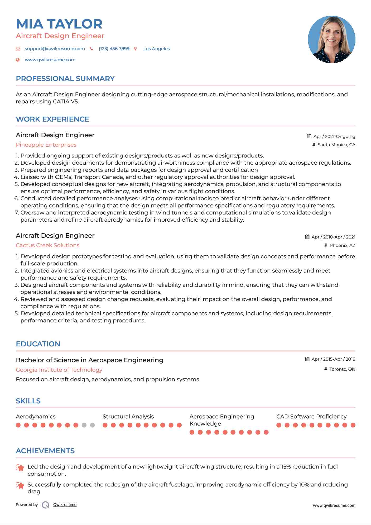 Aircraft Design Engineer Resume Sample