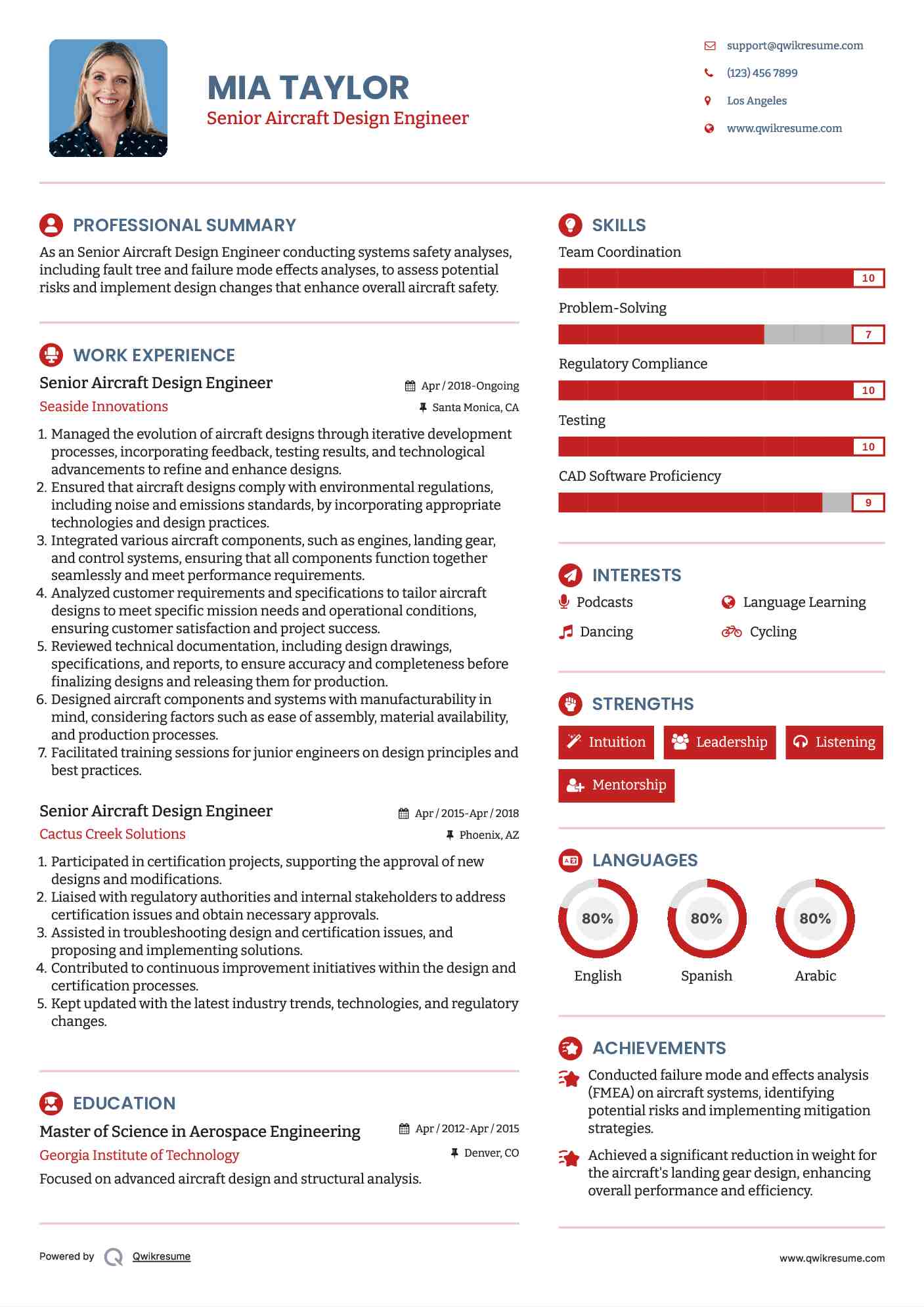 Senior Aircraft Design Engineer  Resume Model