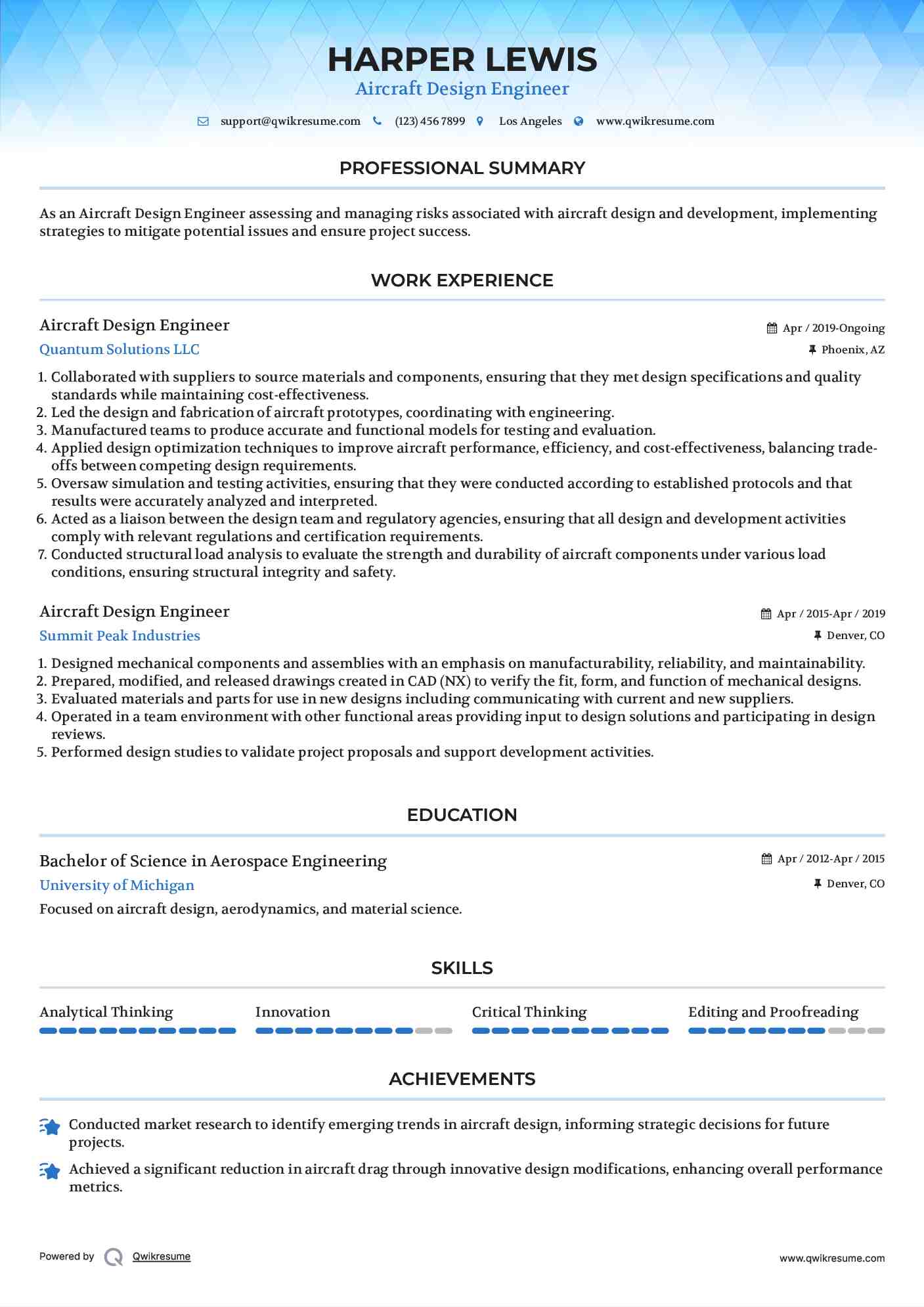 Aircraft Design Engineer Resume Format
