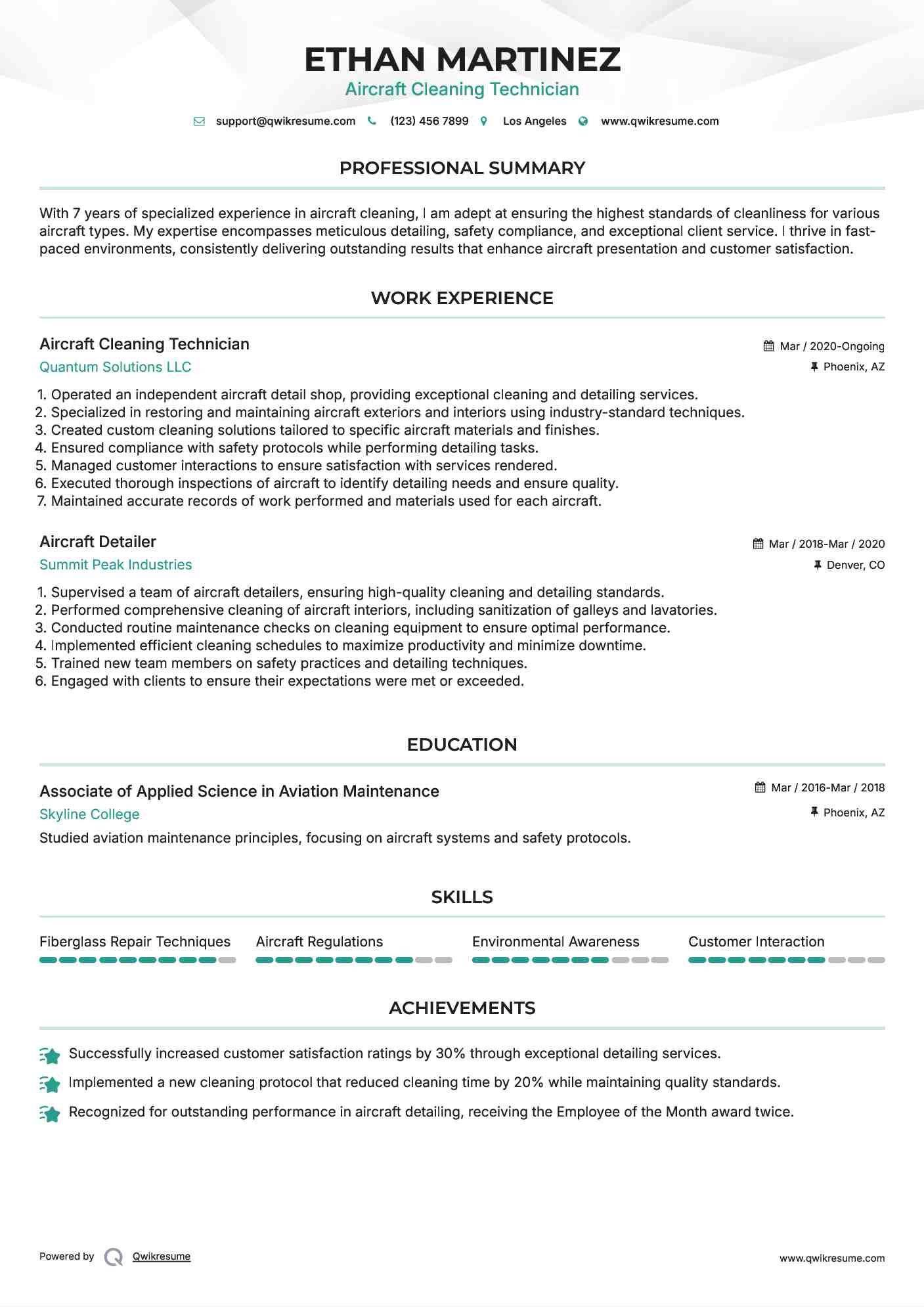 Aircraft Cleaning Technician Resume Model