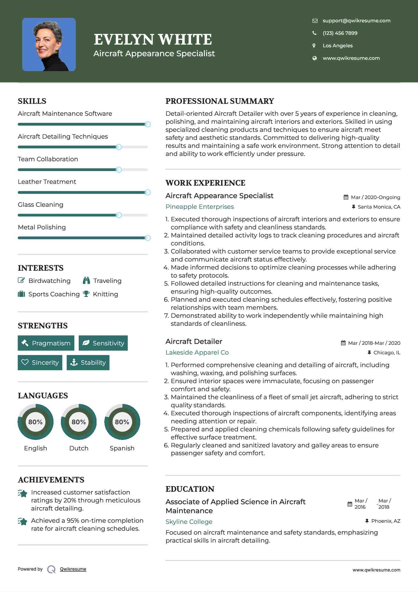 Aircraft Appearance Specialist Resume Example