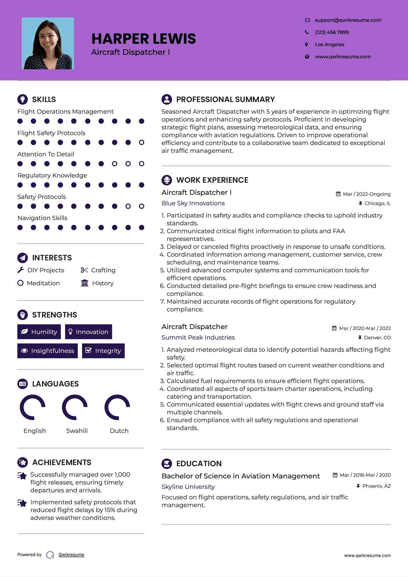 Aircraft Dispatcher I Resume Example
