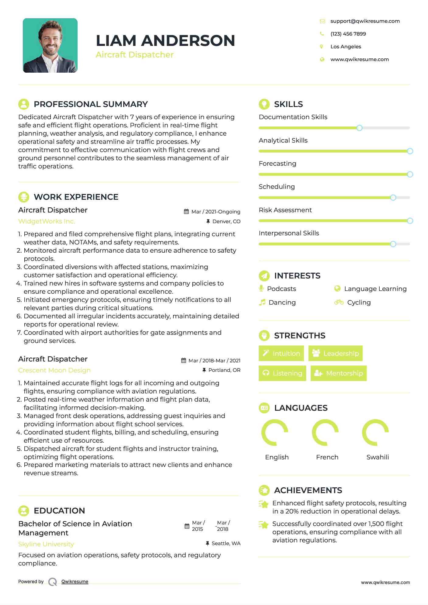 Aircraft Dispatcher Resume Example