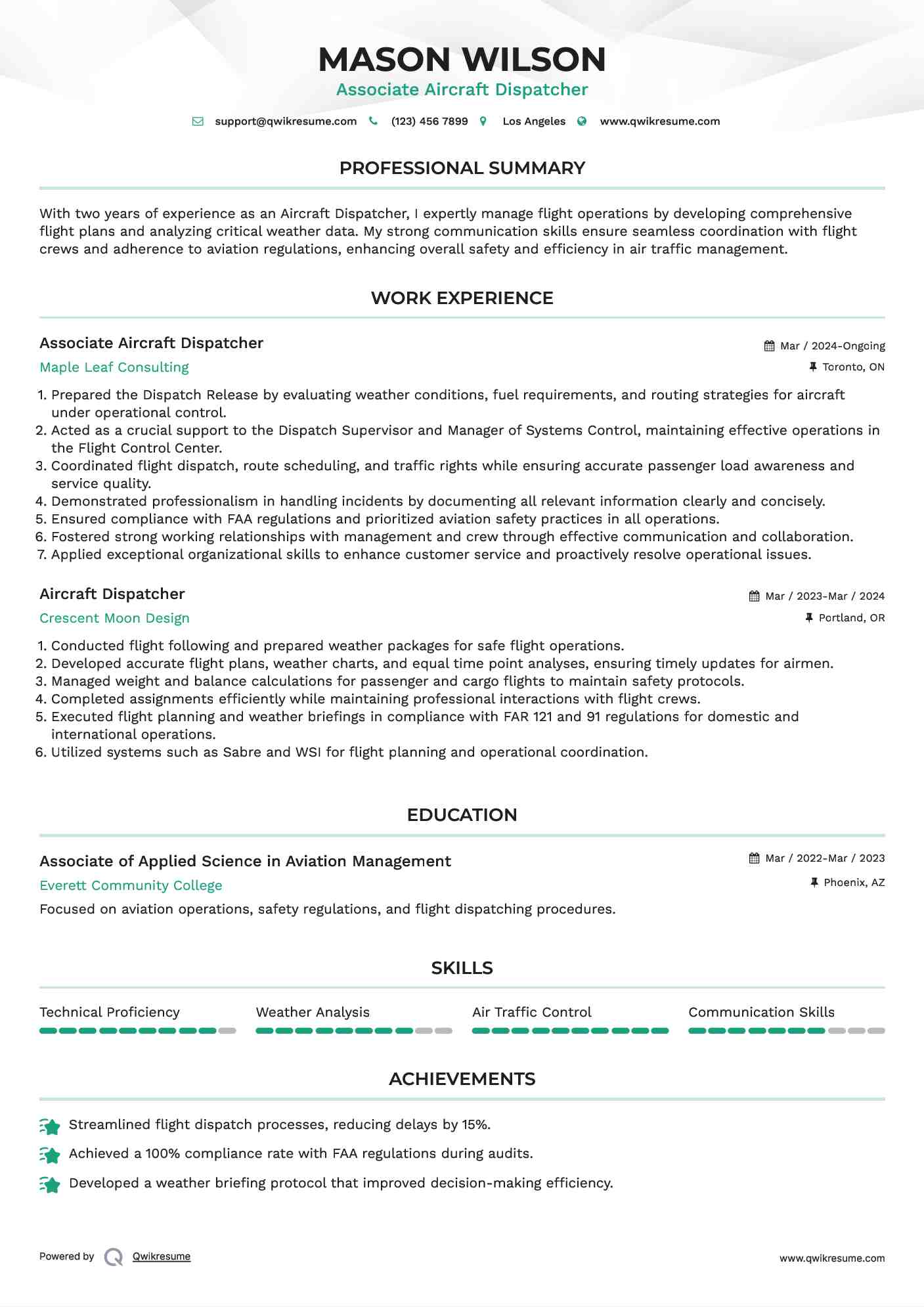 Associate Aircraft Dispatcher Resume Sample