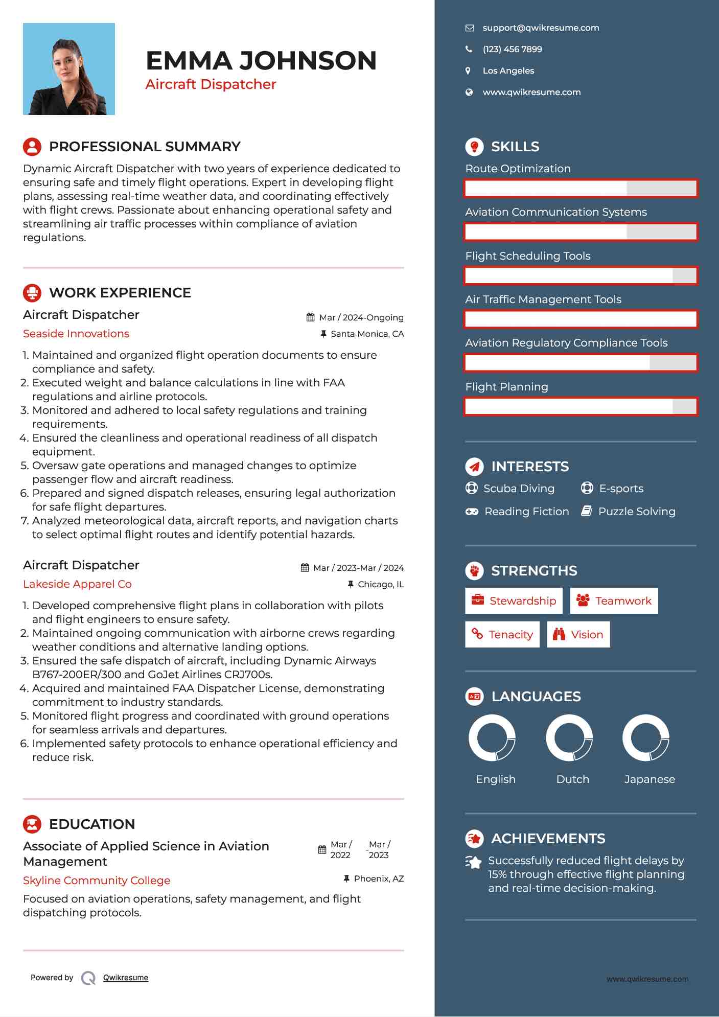 Flight Plan Résumé Complet Aircraft Dispatcher Resume Samples | QwikResume