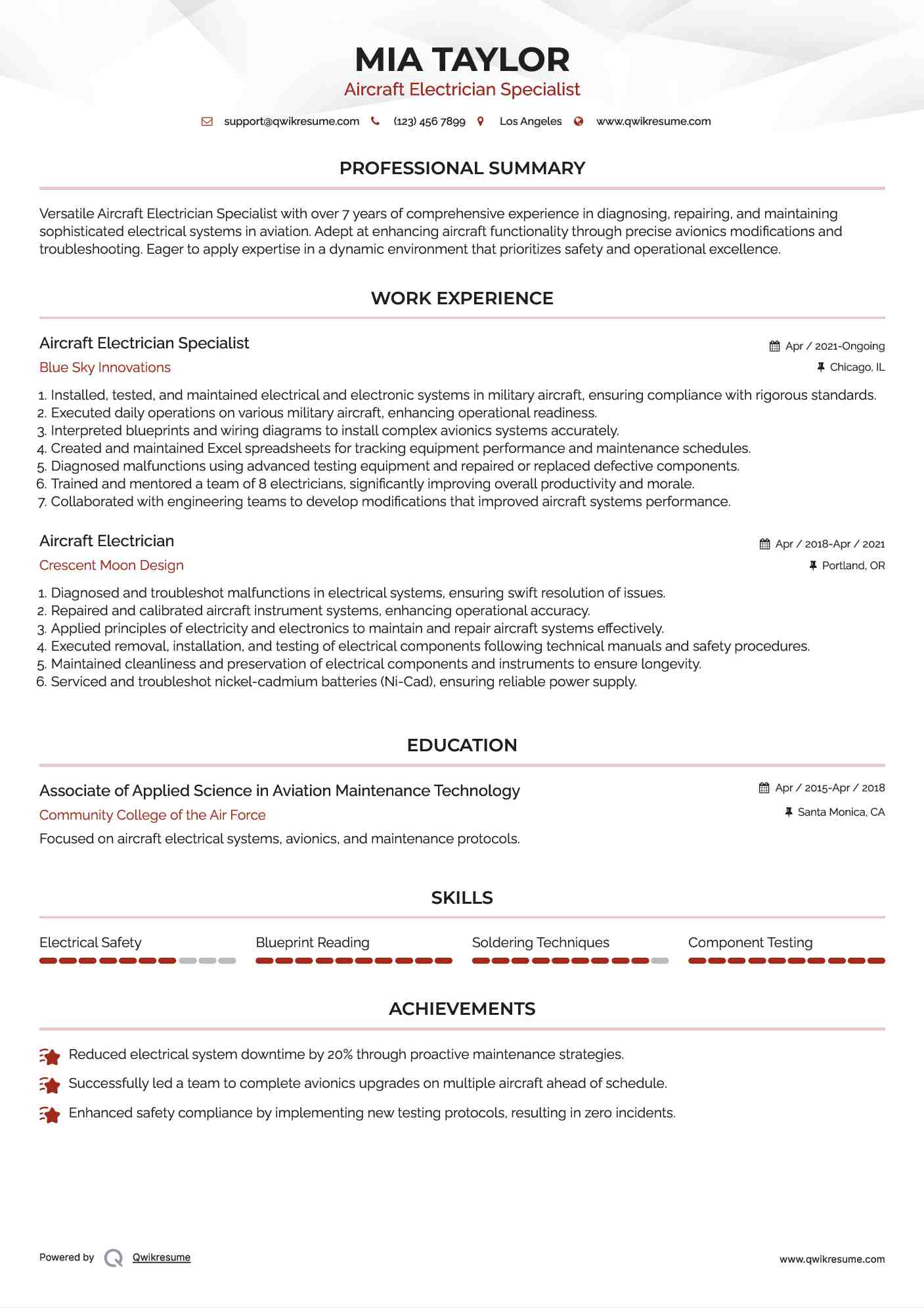 Aircraft Electrician Specialist Resume Example