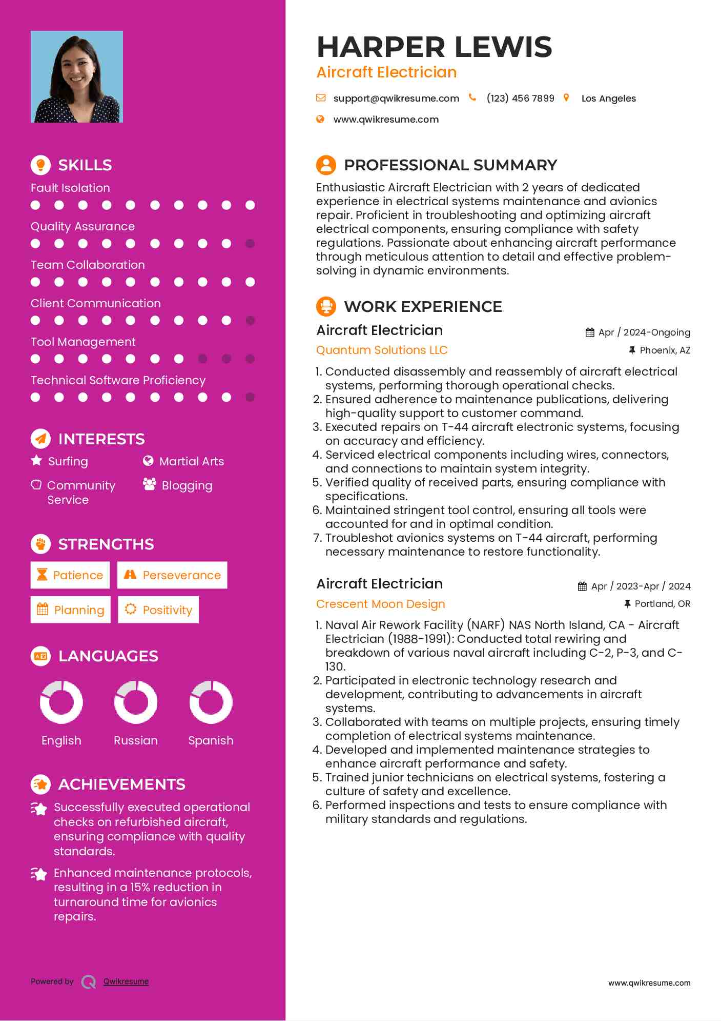 Aircraft Electrician Resume Example