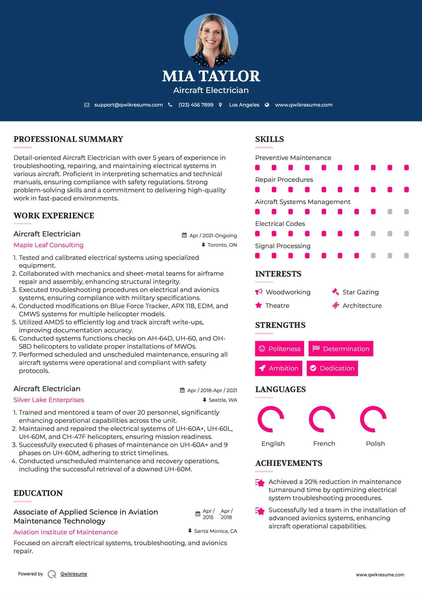 Aircraft Electrician Resume Example