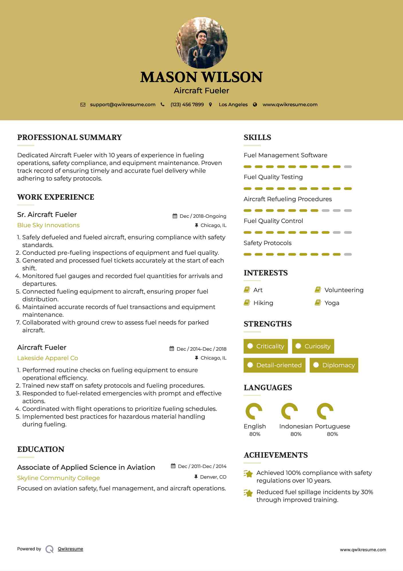 Sr. Aircraft Fueler Resume Format