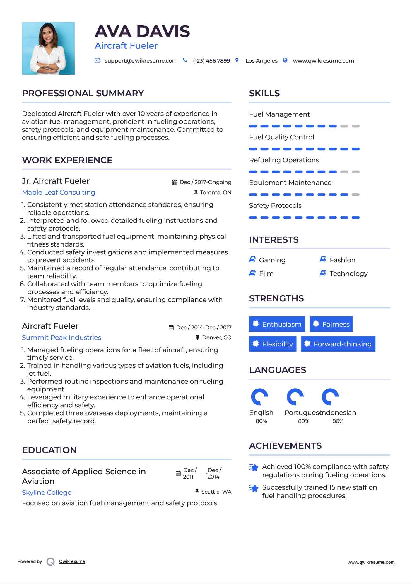 Jr. Aircraft Fueler Resume Format