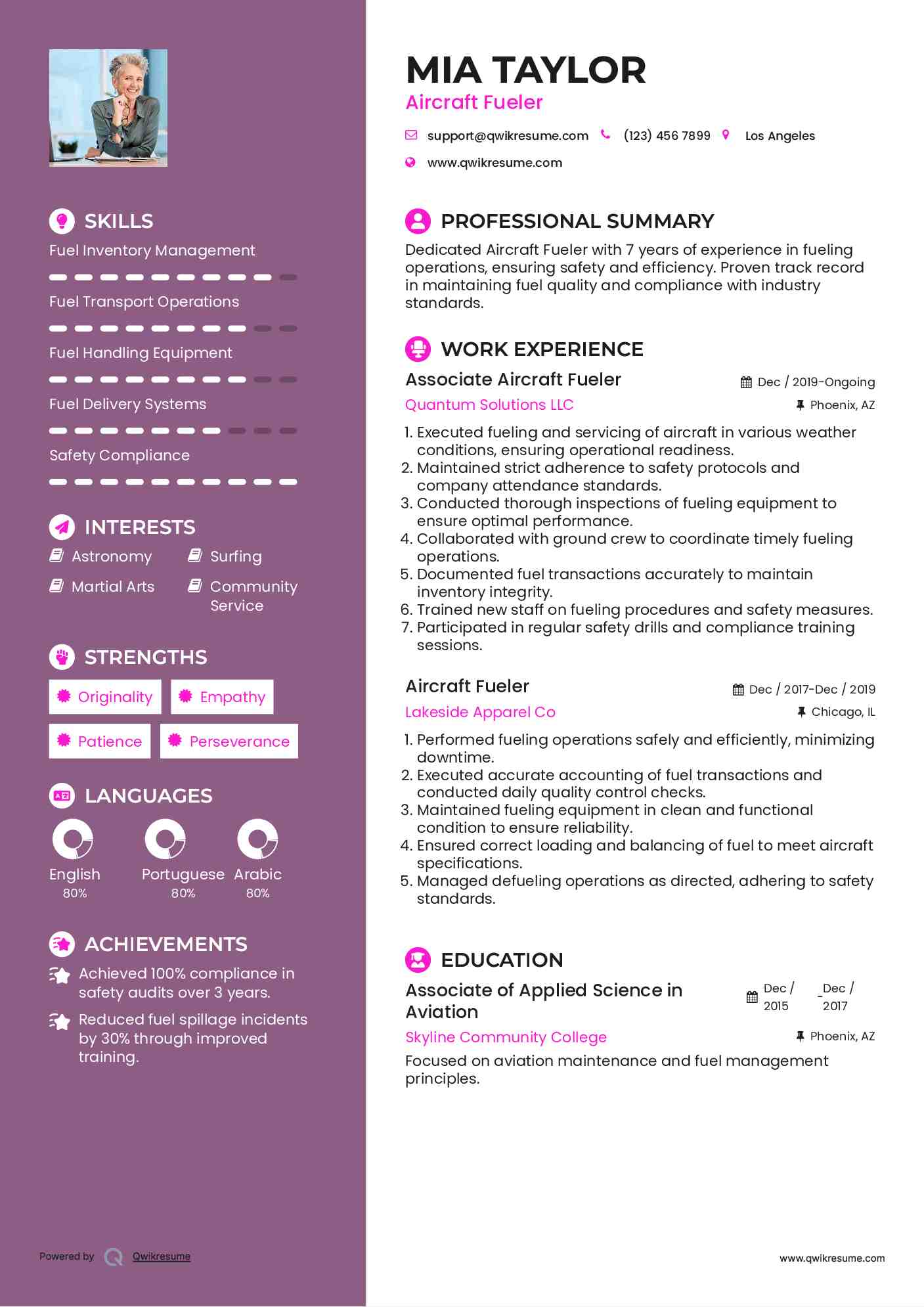 Associate Aircraft Fueler Resume Sample