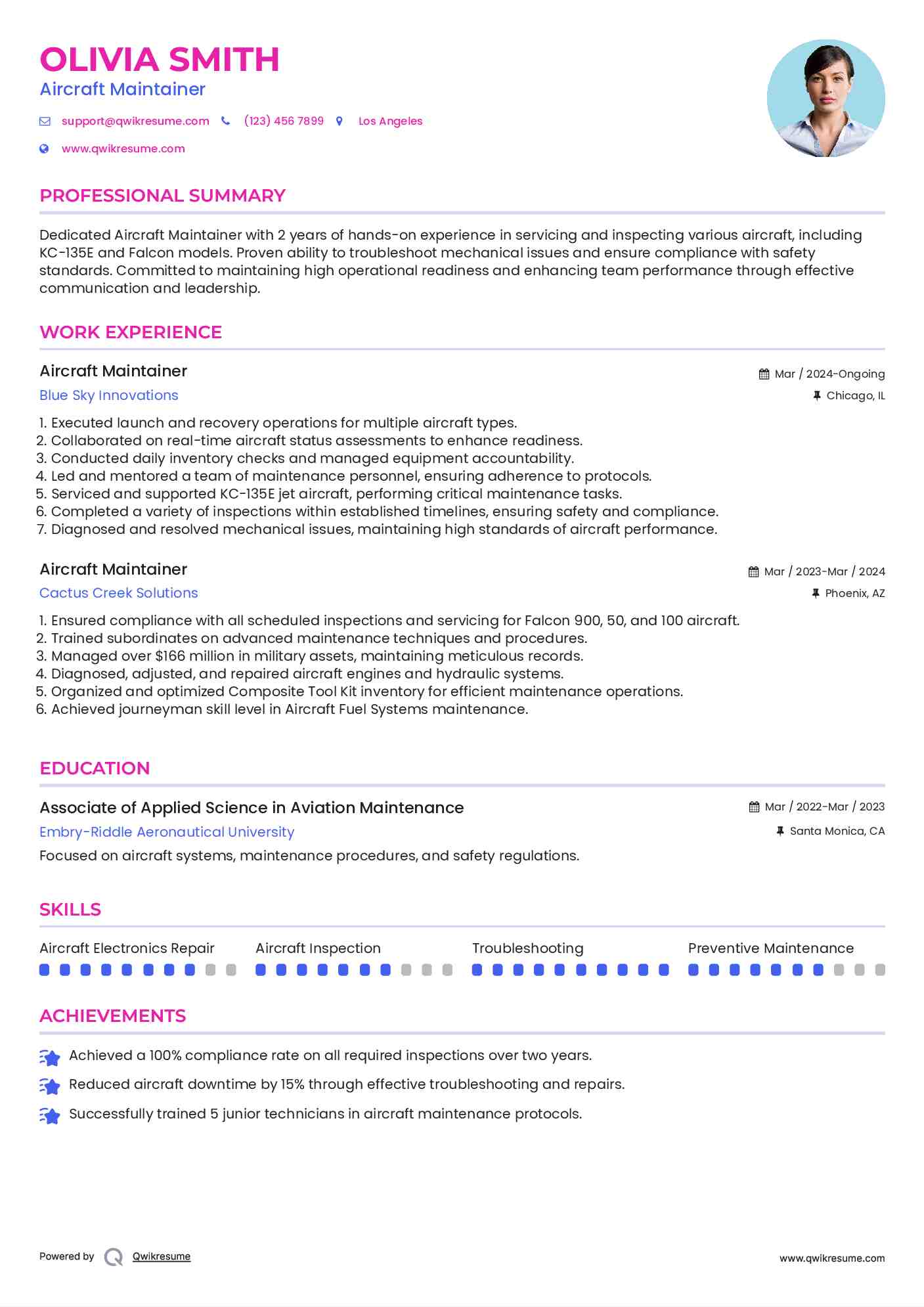 Aircraft Maintainer Resume Sample