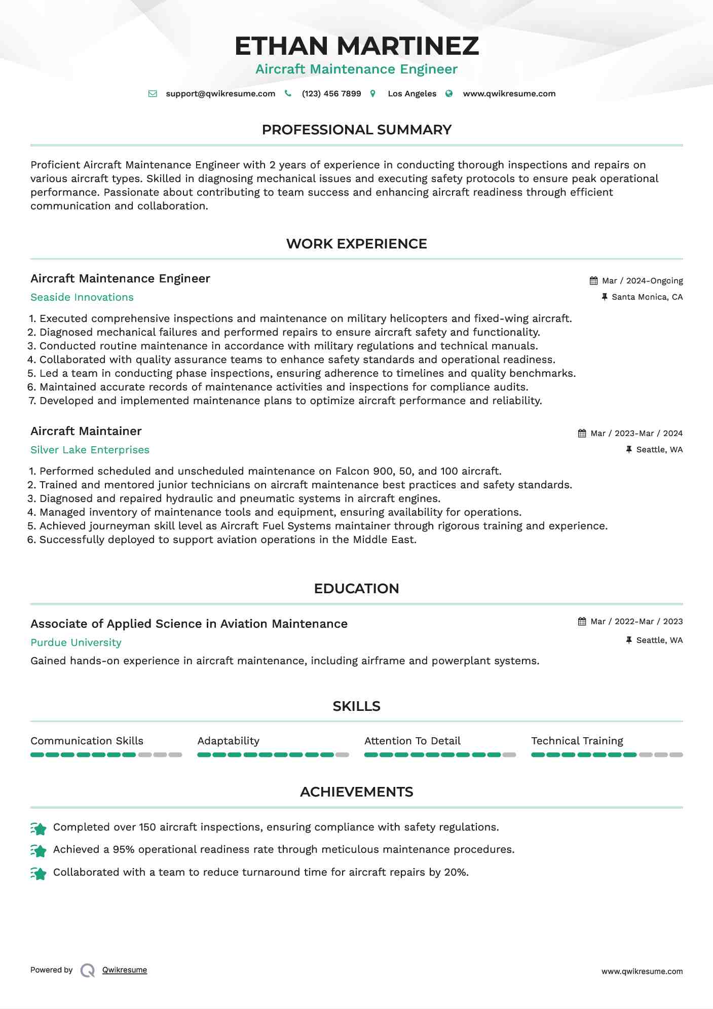 Aircraft Maintenance Engineer Resume Format