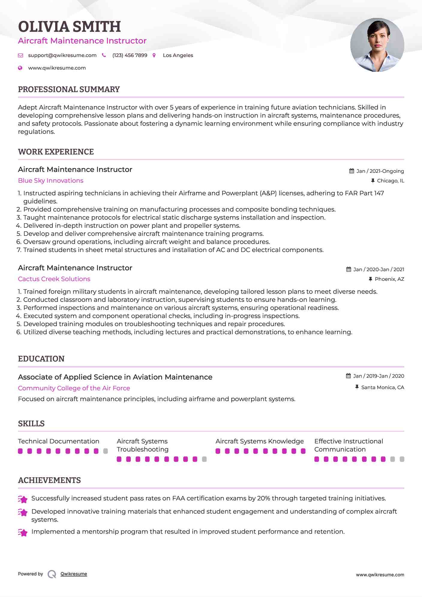 Aircraft Maintenance Instructor Resume Model