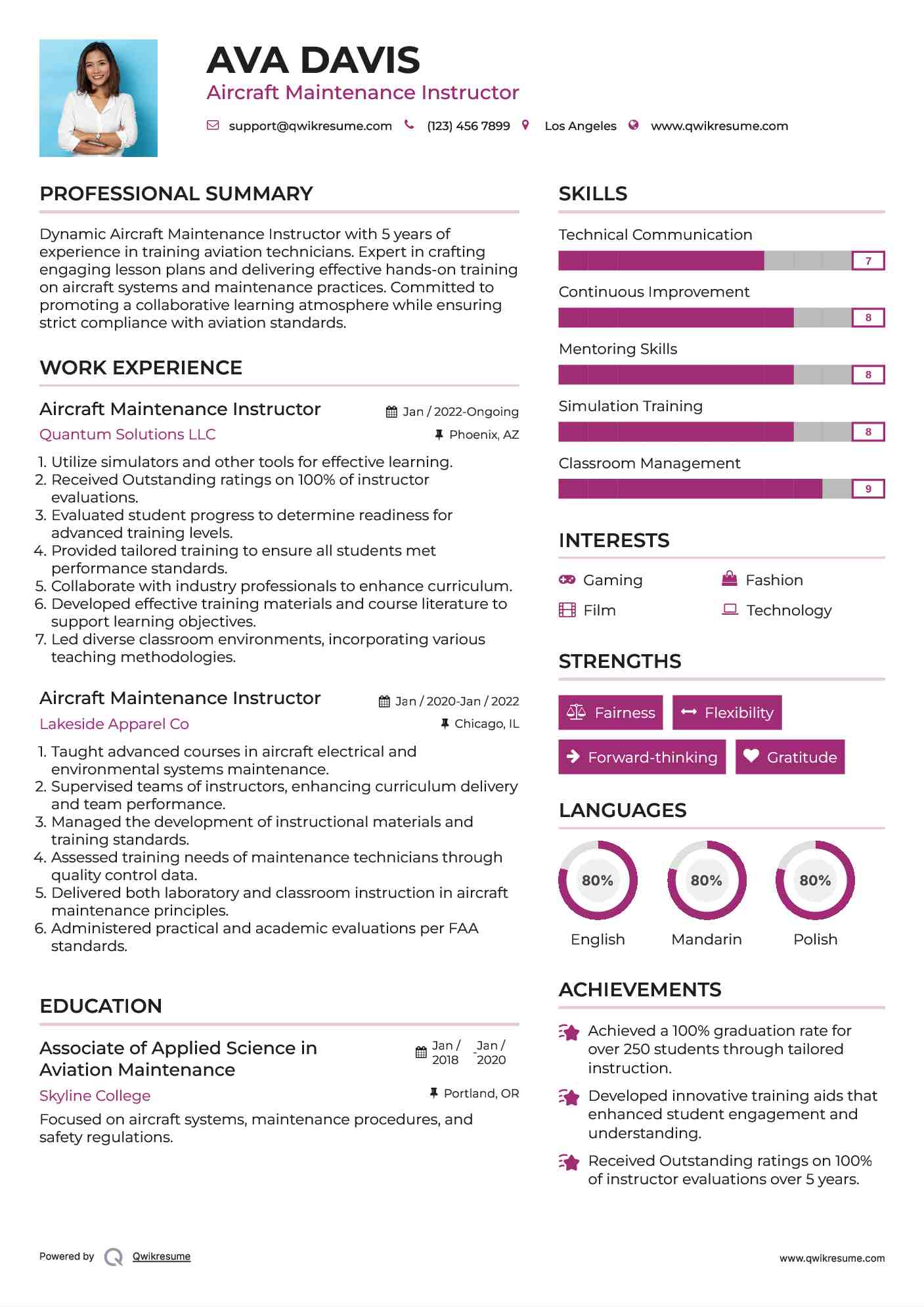 Aircraft Maintenance Instructor Resume Sample