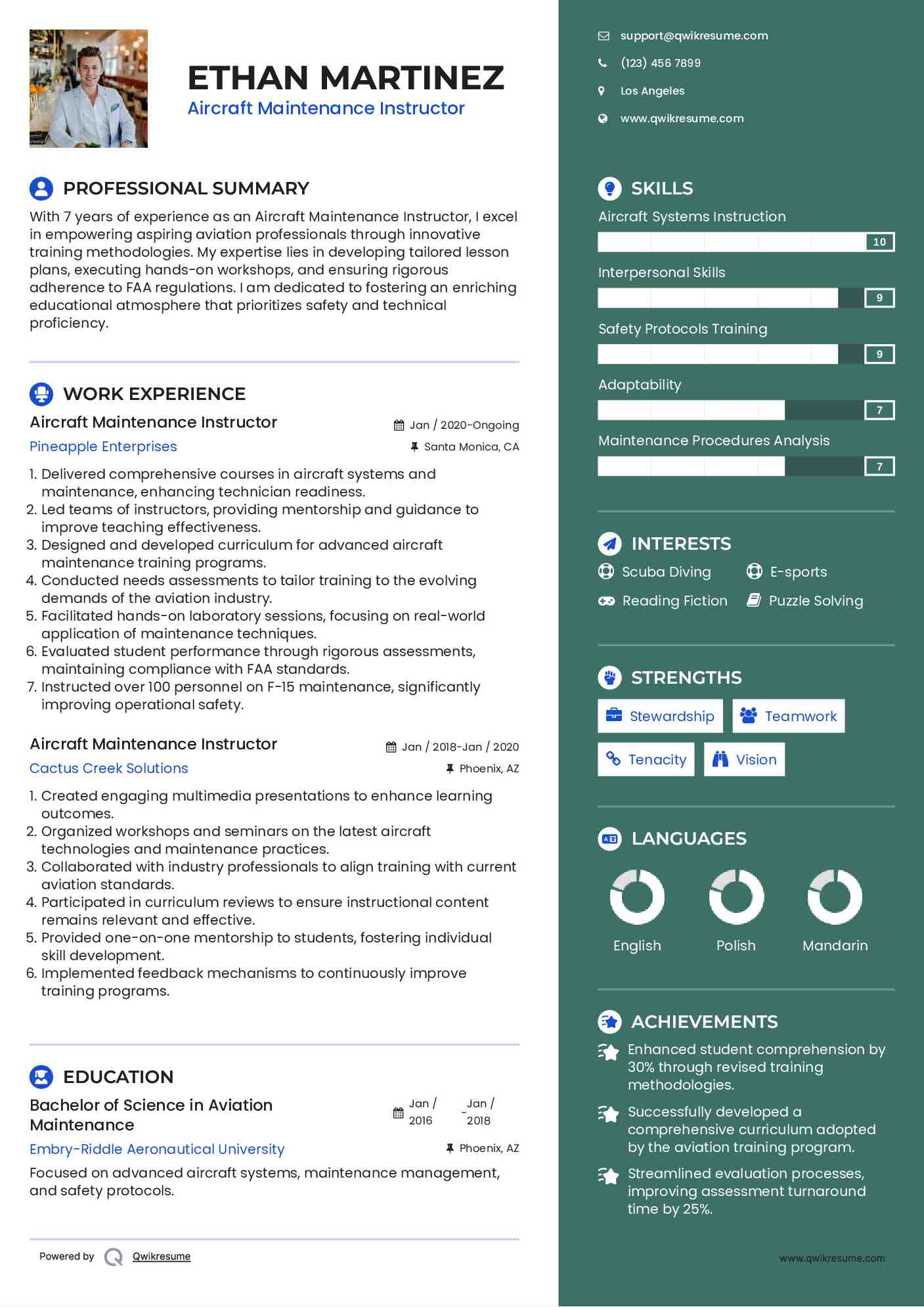 Aircraft Maintenance Instructor Resume Format